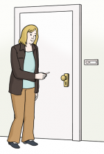 Eine Frau steht vor einer Eingangstür. Sie hält einen Schlüssel in der Hand. © Lebenshilfe für Menschen mit geistiger Behinderung Bremen e. V., Illustrator Stefan Albers, Atelier Fleetinsel, 2013